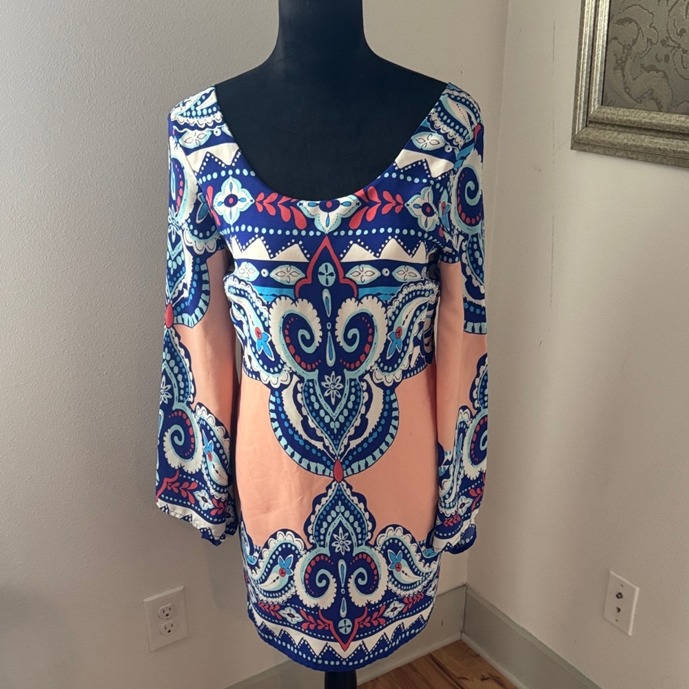 Pink Owl Bohemian Peach  Blue Boho printed bell sleeves Dress Sz S‎